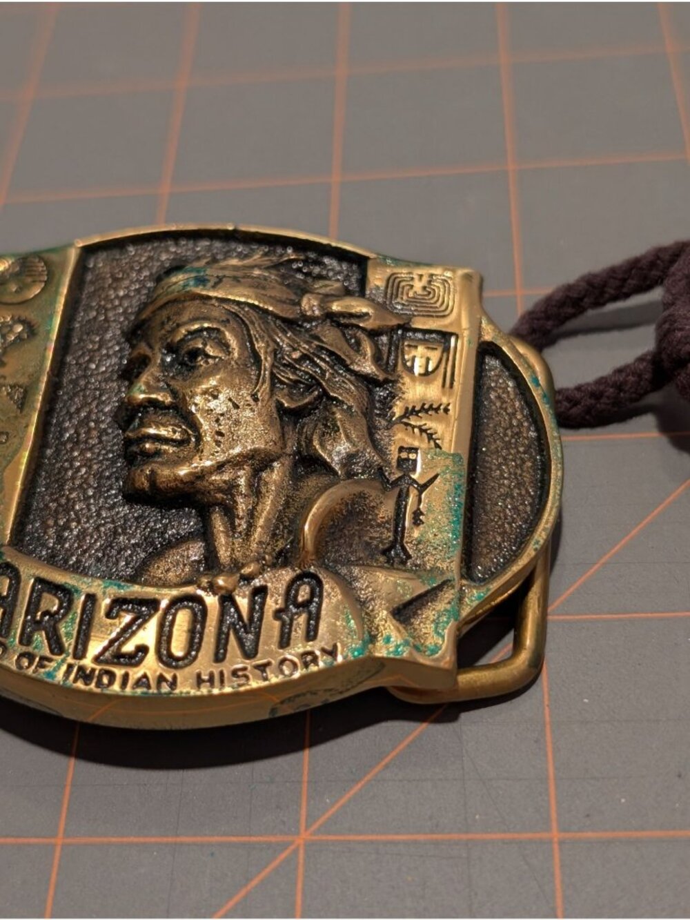 Vintage Arizona Solid Brass Belt Buckle Native American Design Suede Pouch - Picture 4 of 13